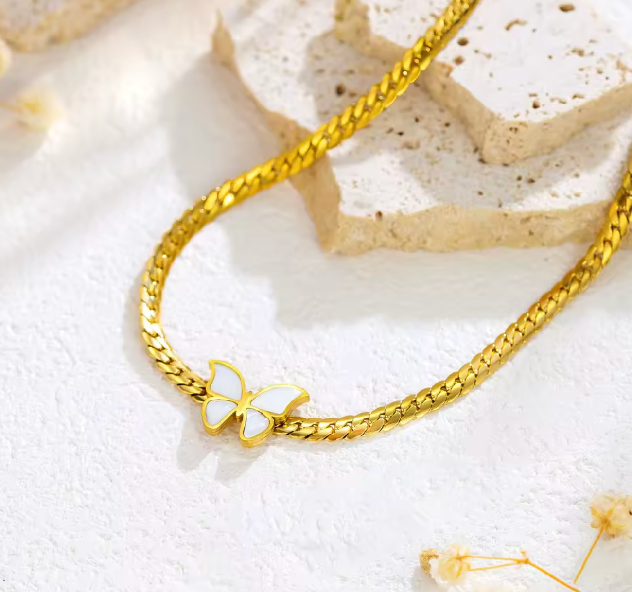 Gold Plated White Shell Butterfly Necklace
